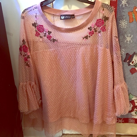 NEW Baku Floral lace pink blouse Large - Picture 1 of 4